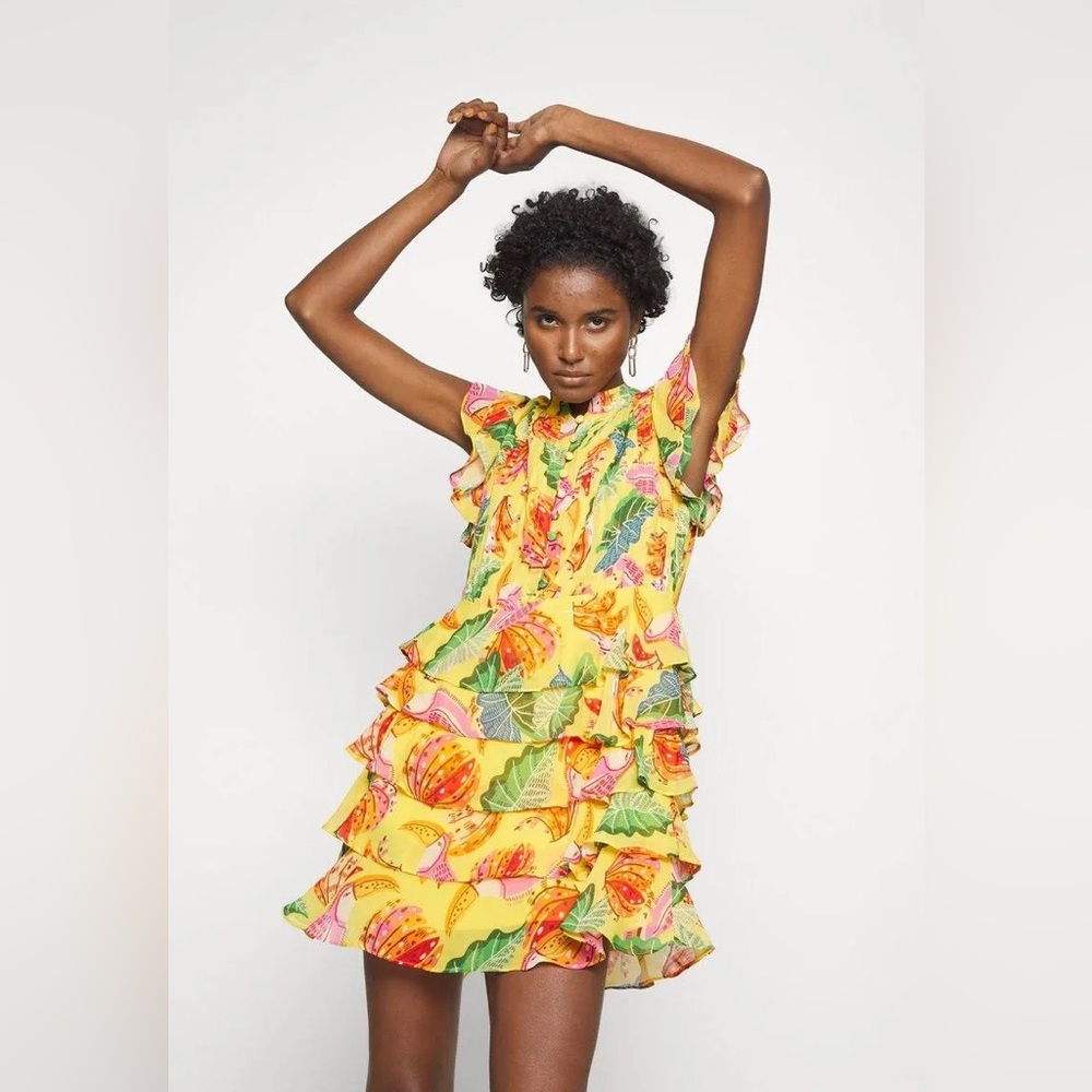 FARM Rio Tiered Tropical Print MIDI Dress Size Small